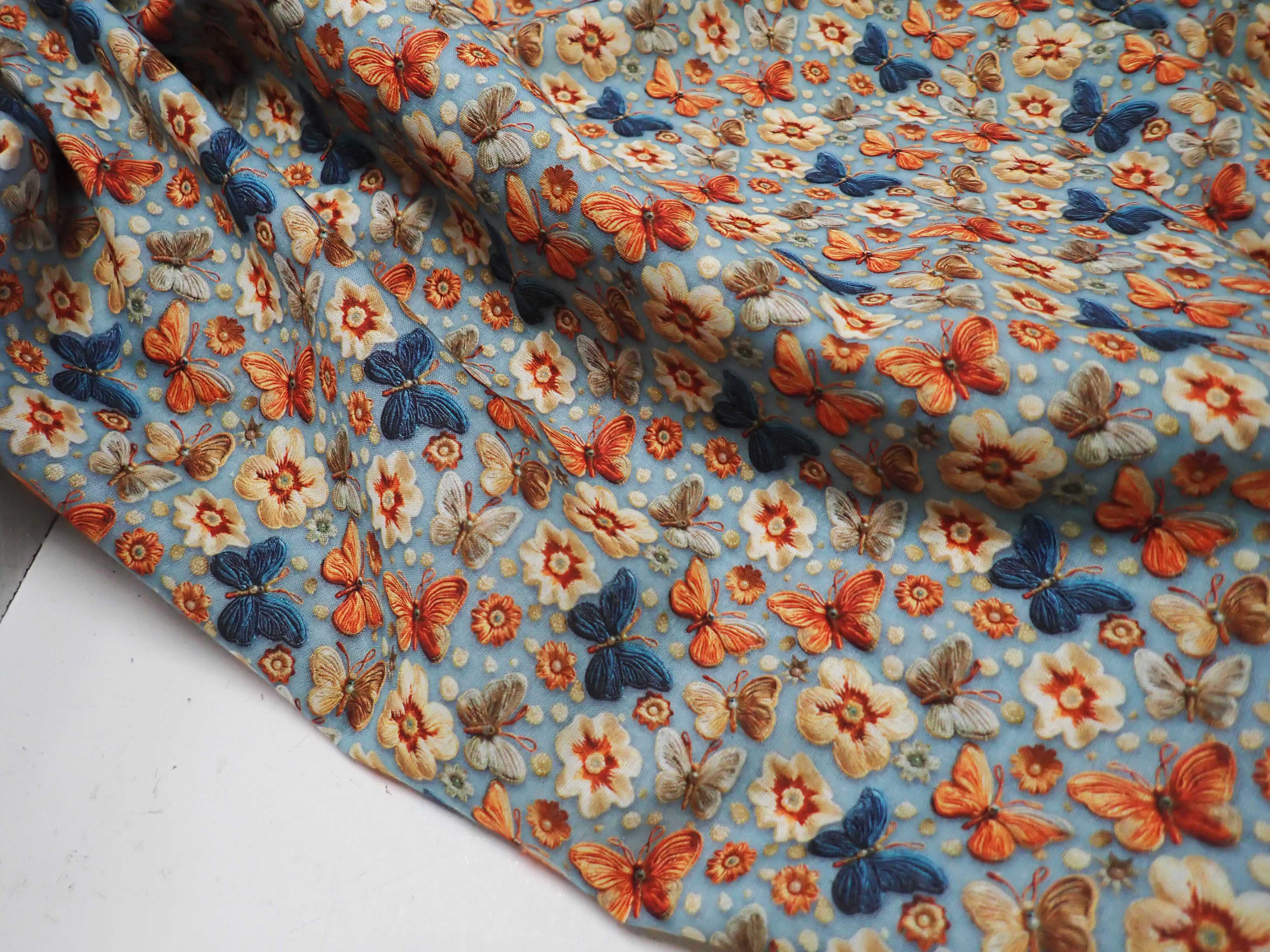 LÁTKA - POPELÍN - FOTOTISK - KYTIČKY + MOTÝLCI