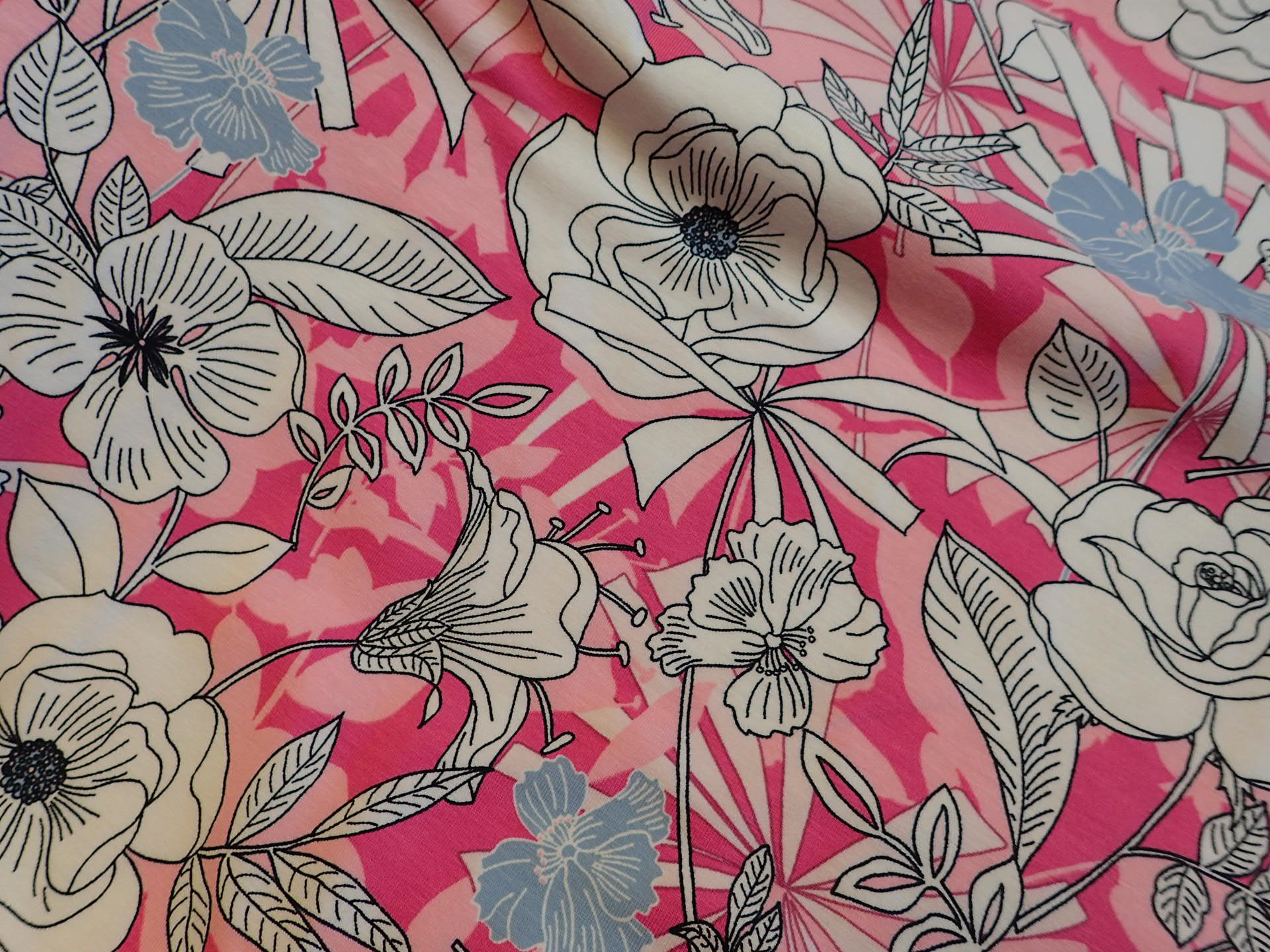 PLETENINA - JERSEY - RŮŽOVÁ + KVĚTY