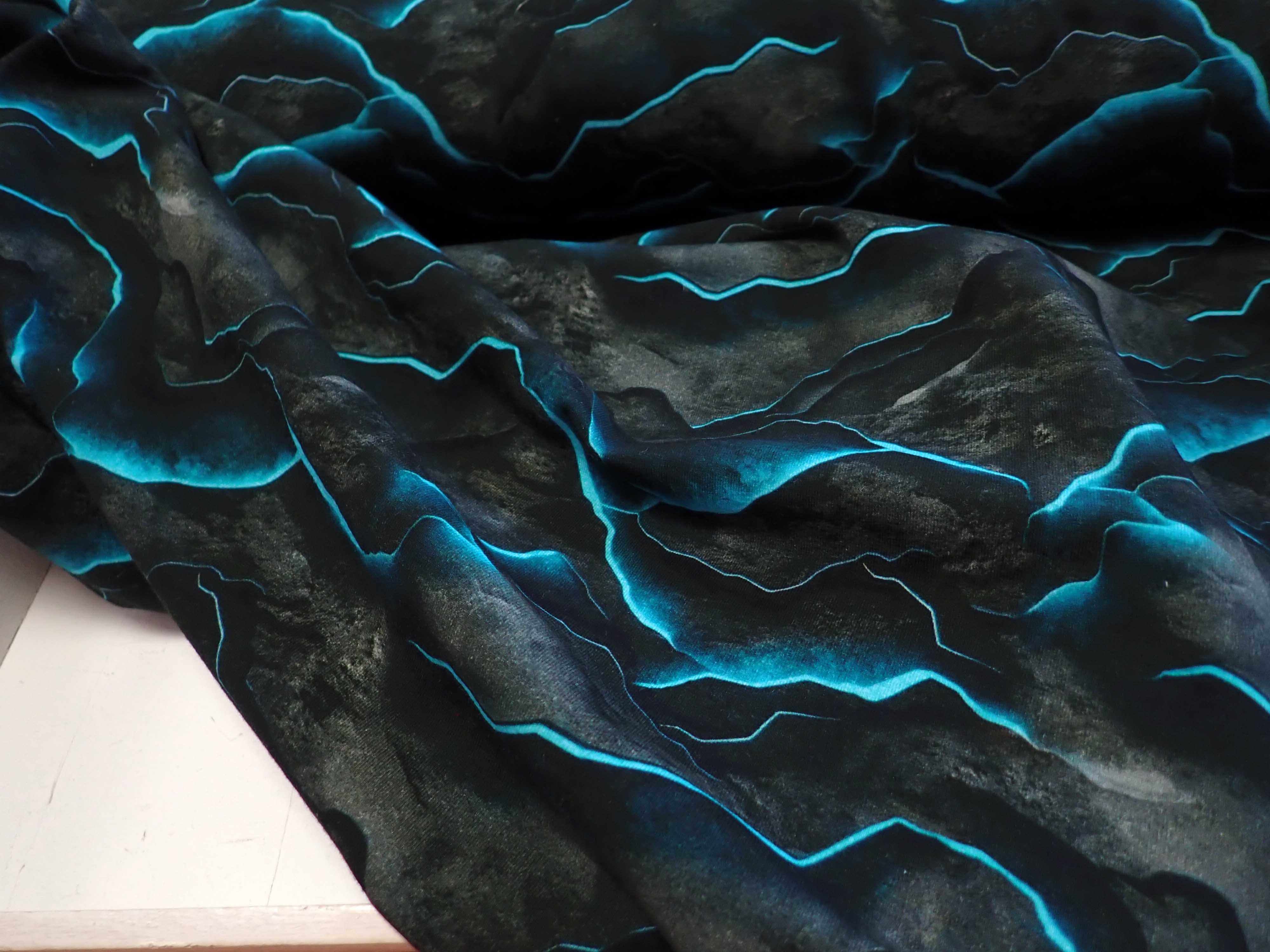 PLETENINA - JERSEY - FOTOTISK - ČERNÁ + TYRKYSOVÁ