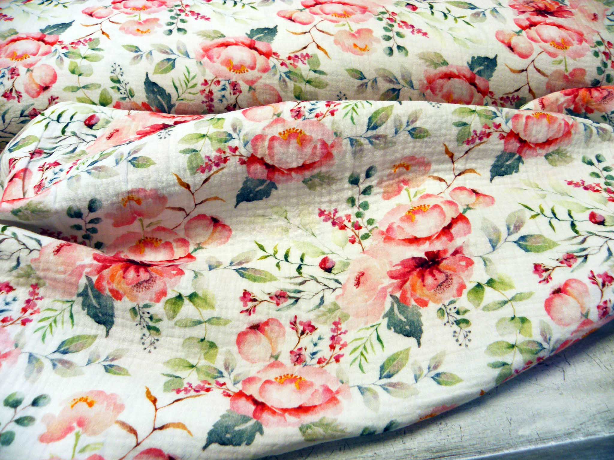 MUŠELÍN - DVOJITÁ GÁZOVINA - FOTOTISK - KVĚTY