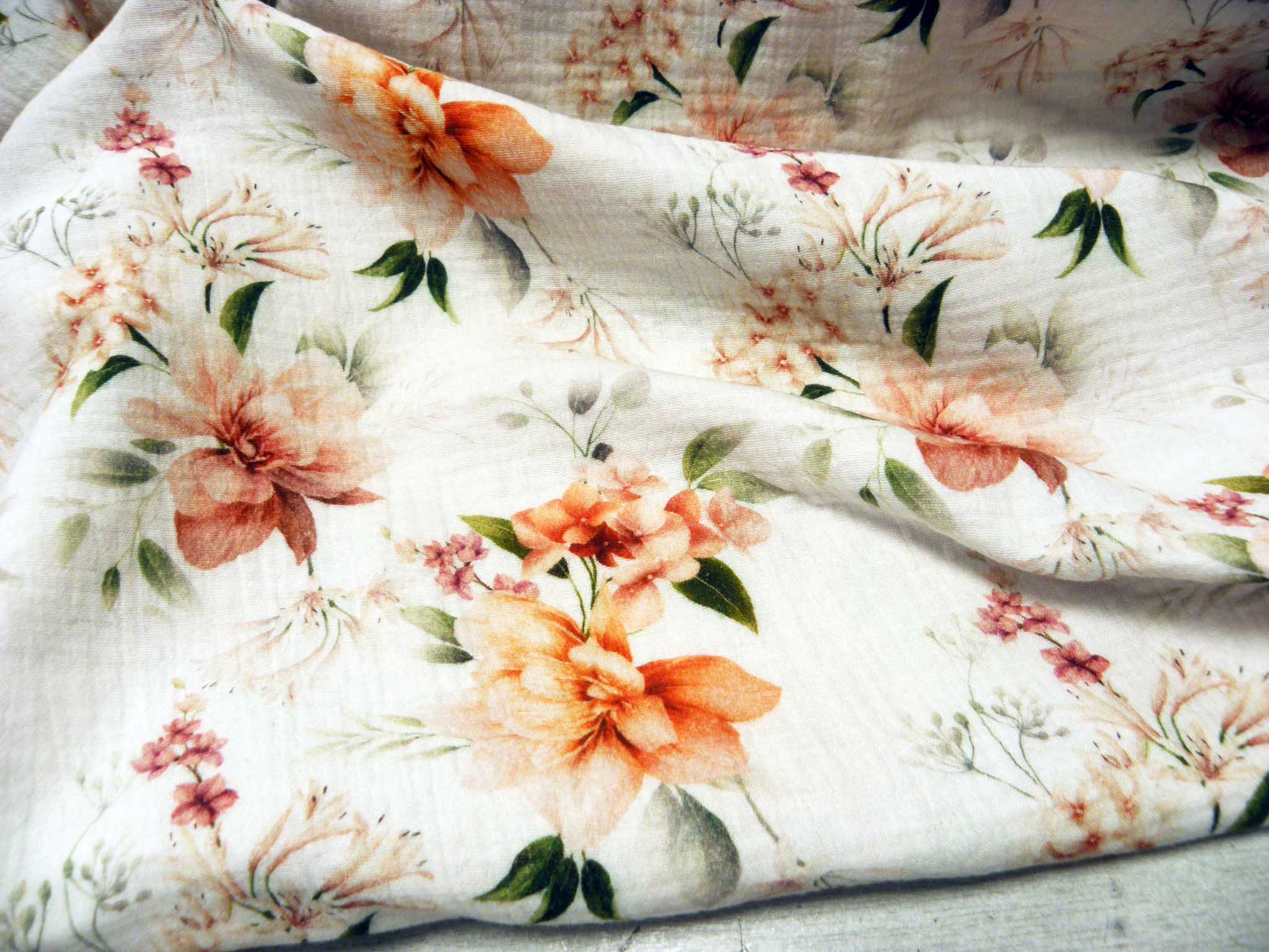 MUŠELÍN - DVOJITÁ GÁZOVINA - FOTOTISK - KVĚTY