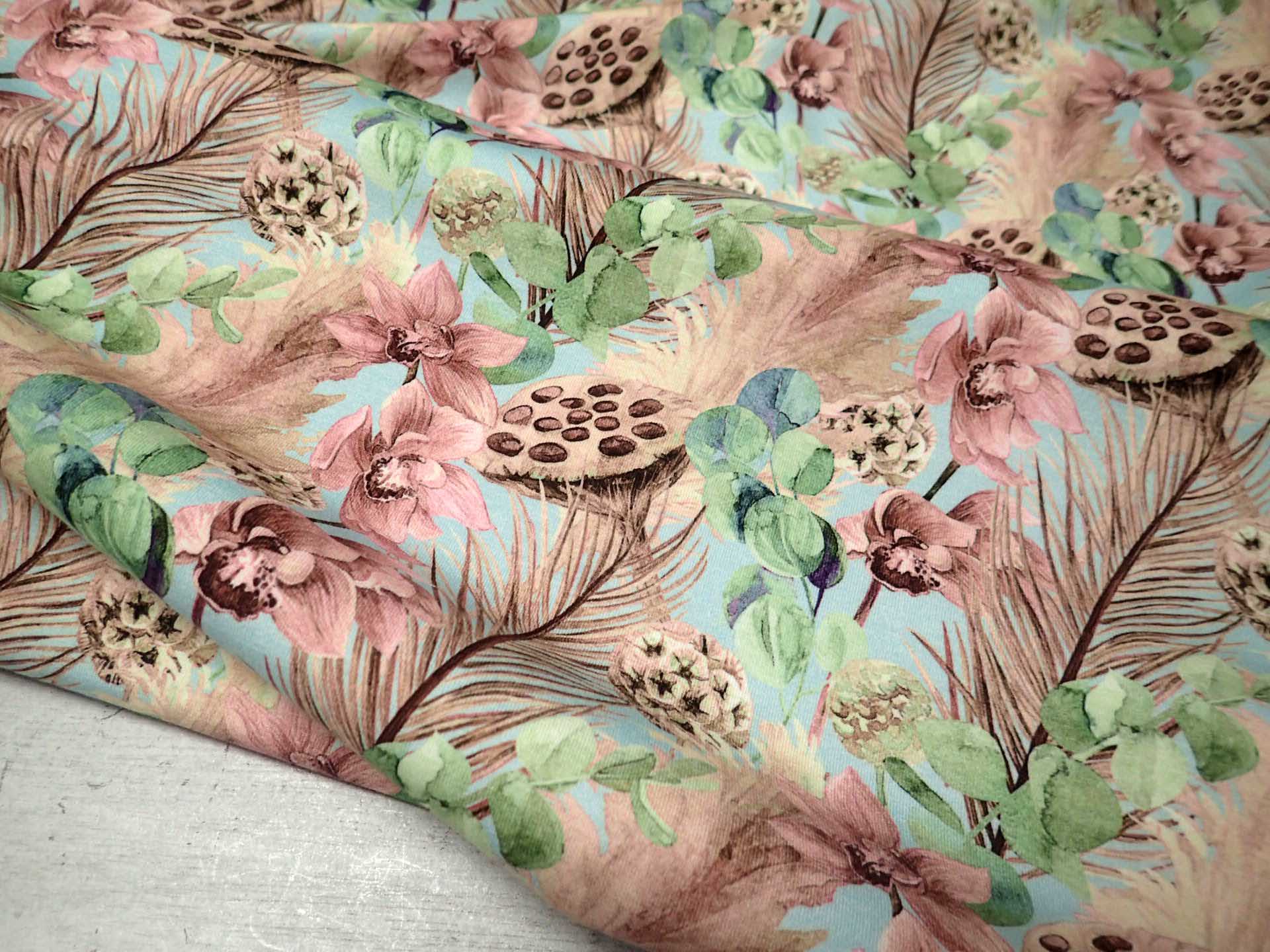 PLETENINA - JERSEY - FOTOTISK - KVĚTY + EUKALYPTUS