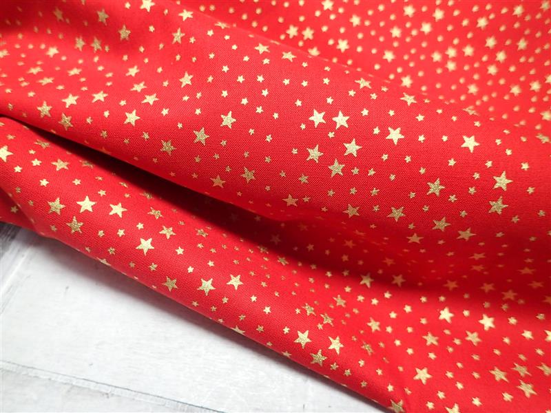 LÁTKA - VÁNOČNÍ - ZLATÉ HVĚZDIČKY NA ČERVENÉM PODKLADU