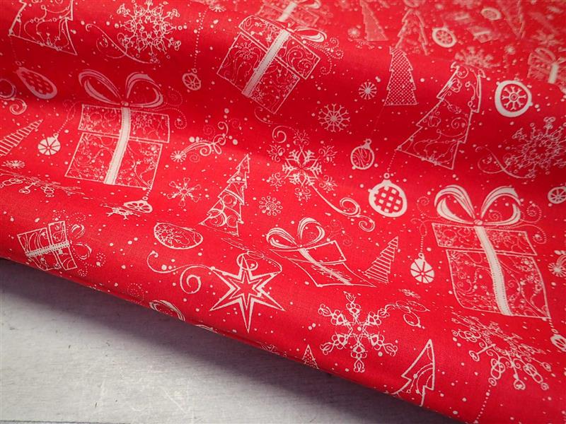 LÁTKA - VÁNOČNÍ - ČERVENÁ + DÁREČKY + STROMEČKY