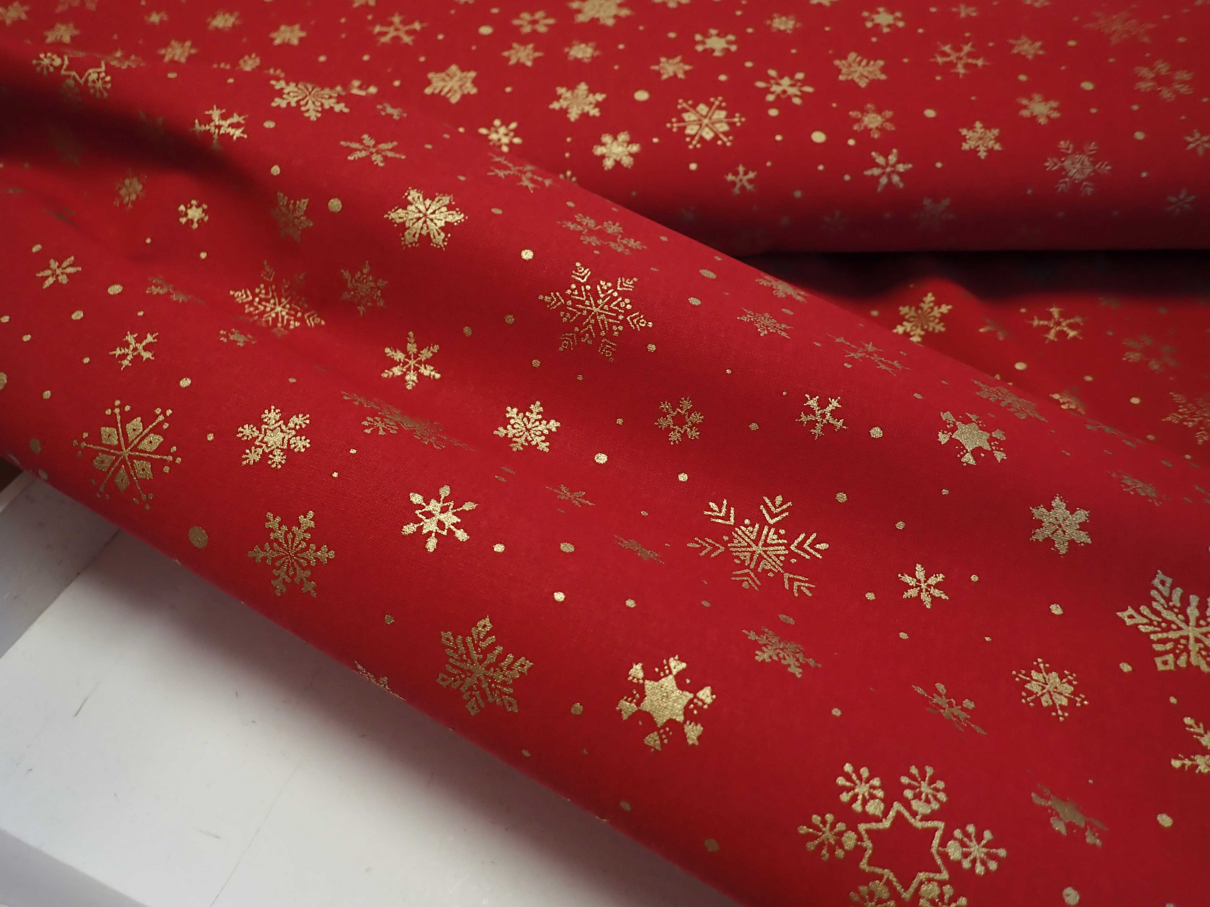 LÁTKA - VÁNOČNÍ - ČERVENÁ + ZLATÉ VLOČKY