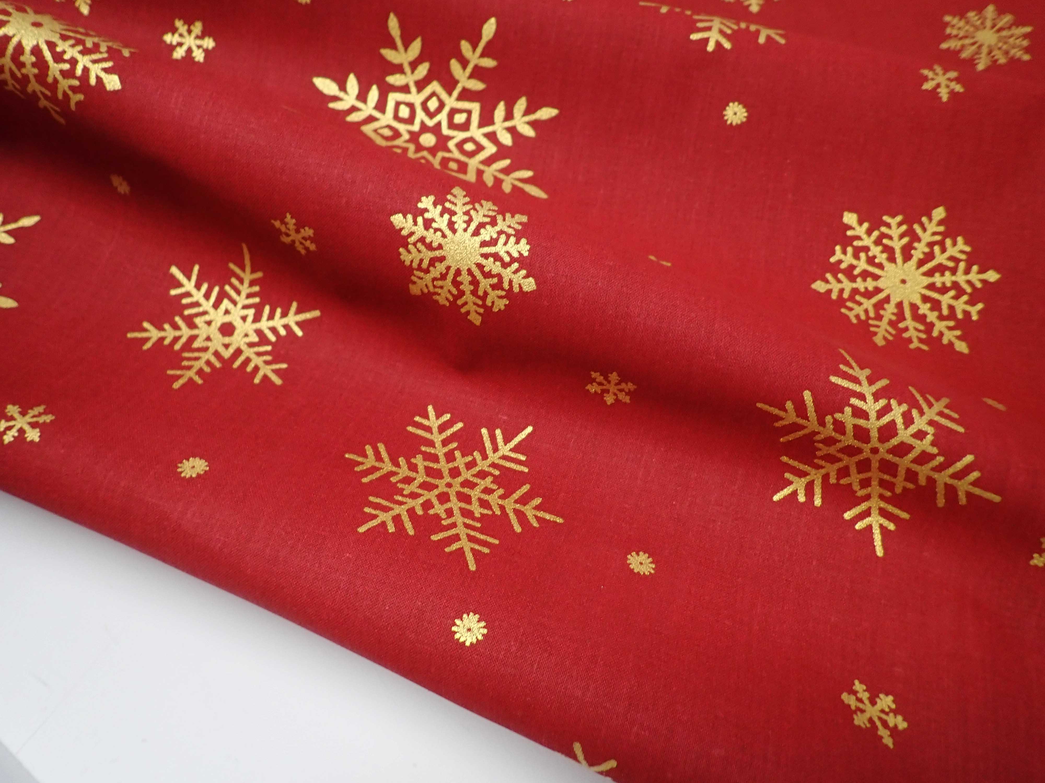 LÁTKA - VÁNOČNÍ - TEMNĚ ČERVENÁ + ZLATÉ VLOČKY