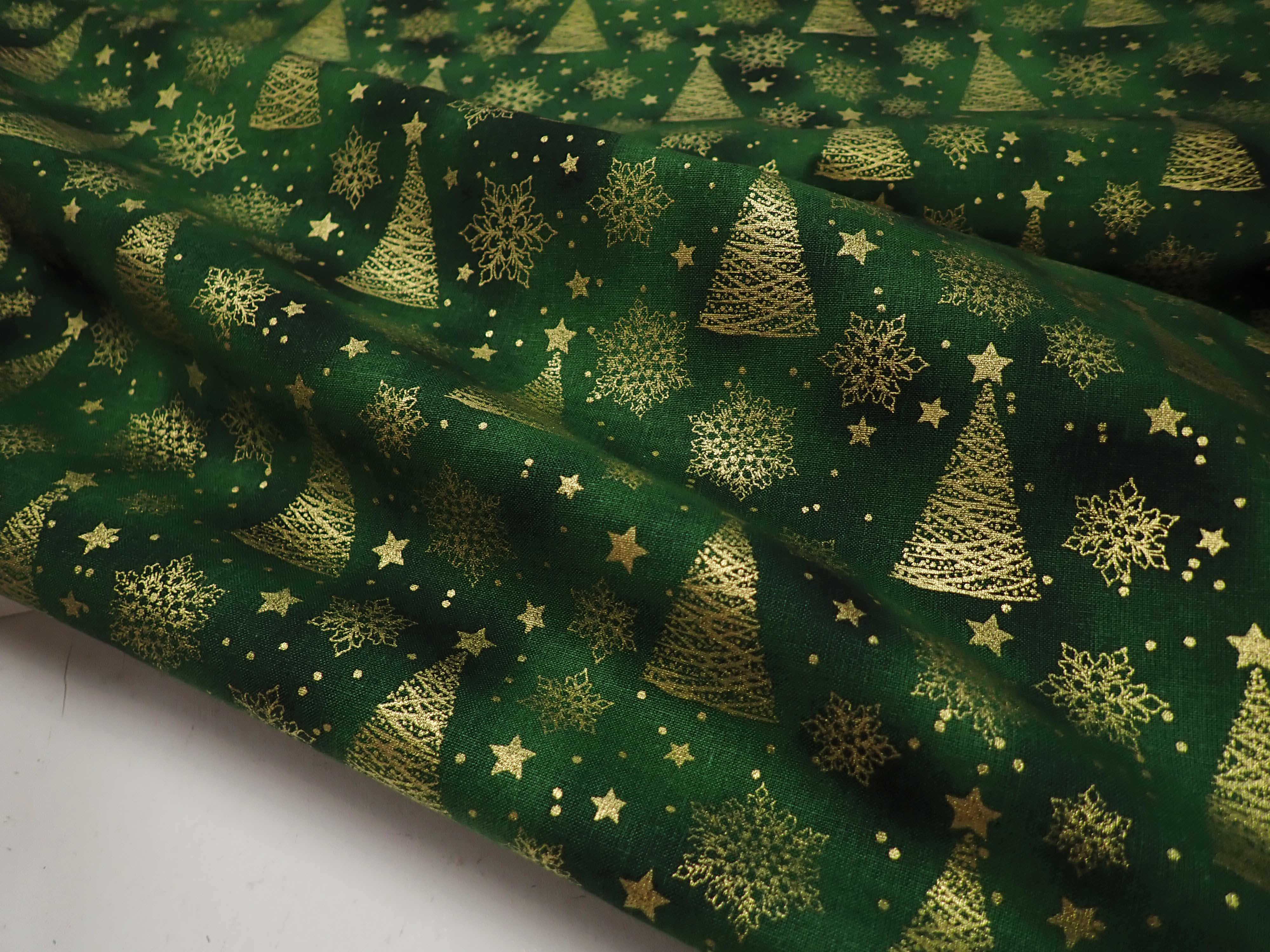 LÁTKA - VÁNOČNÍ - ZELENÁ + ZLATÉ STROMEČKY