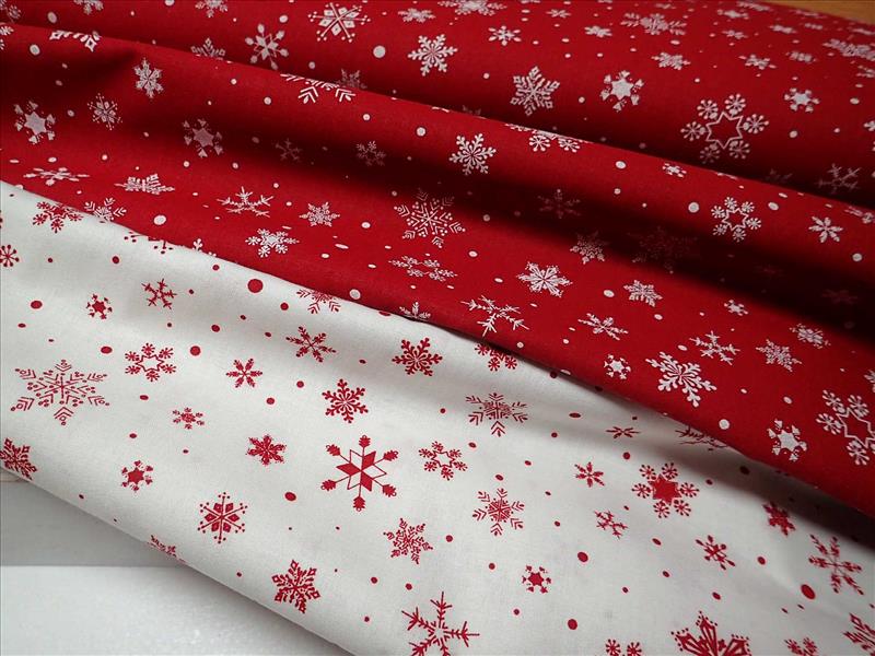 LÁTKA - VÁNOČNÍ - ČERVENÁ + BÍLÉ VLOČKY