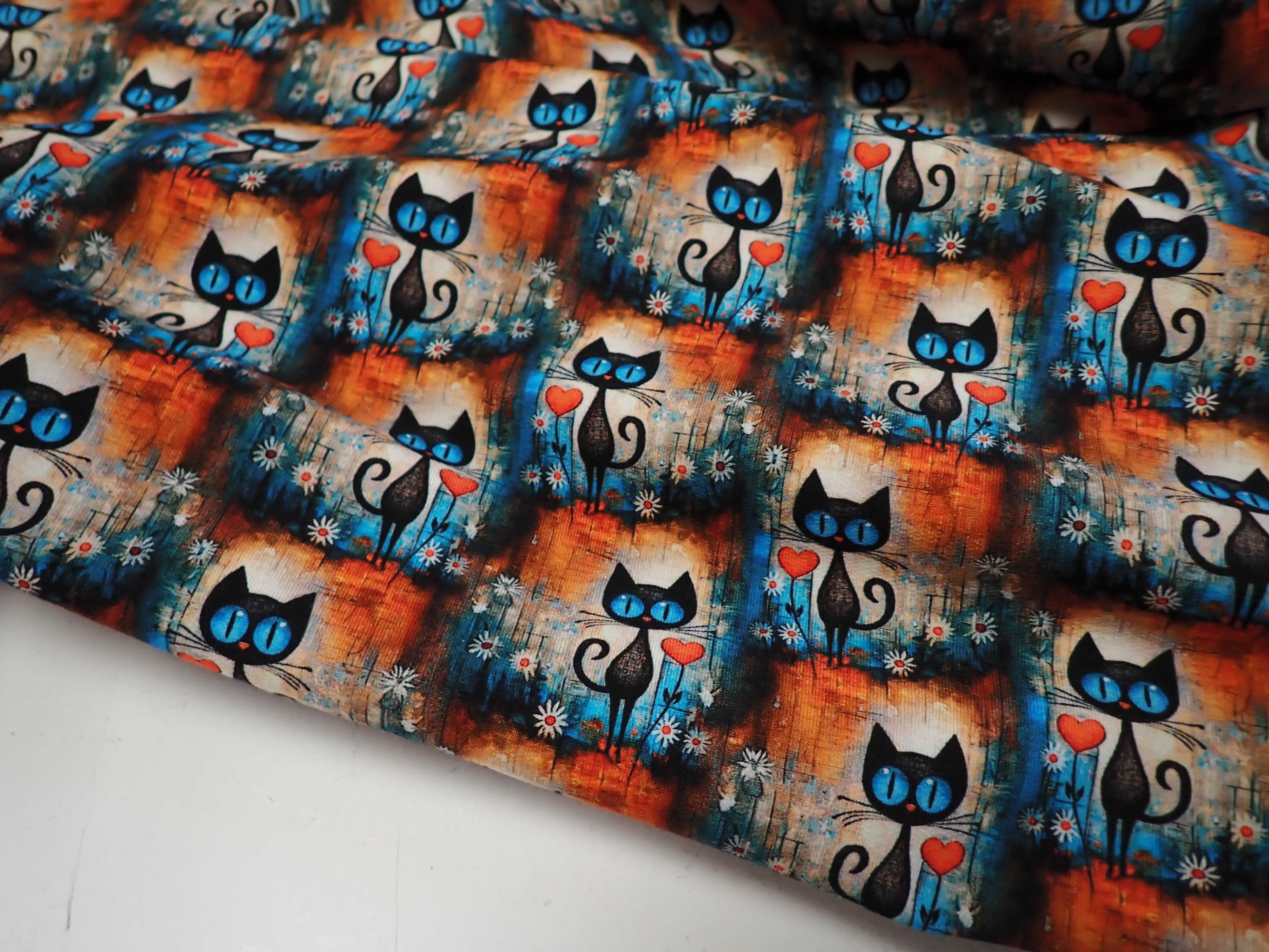 LÁTKA - TEPLÁKOVINA - FOTOTISK - KOČKY + SRDÍČKA