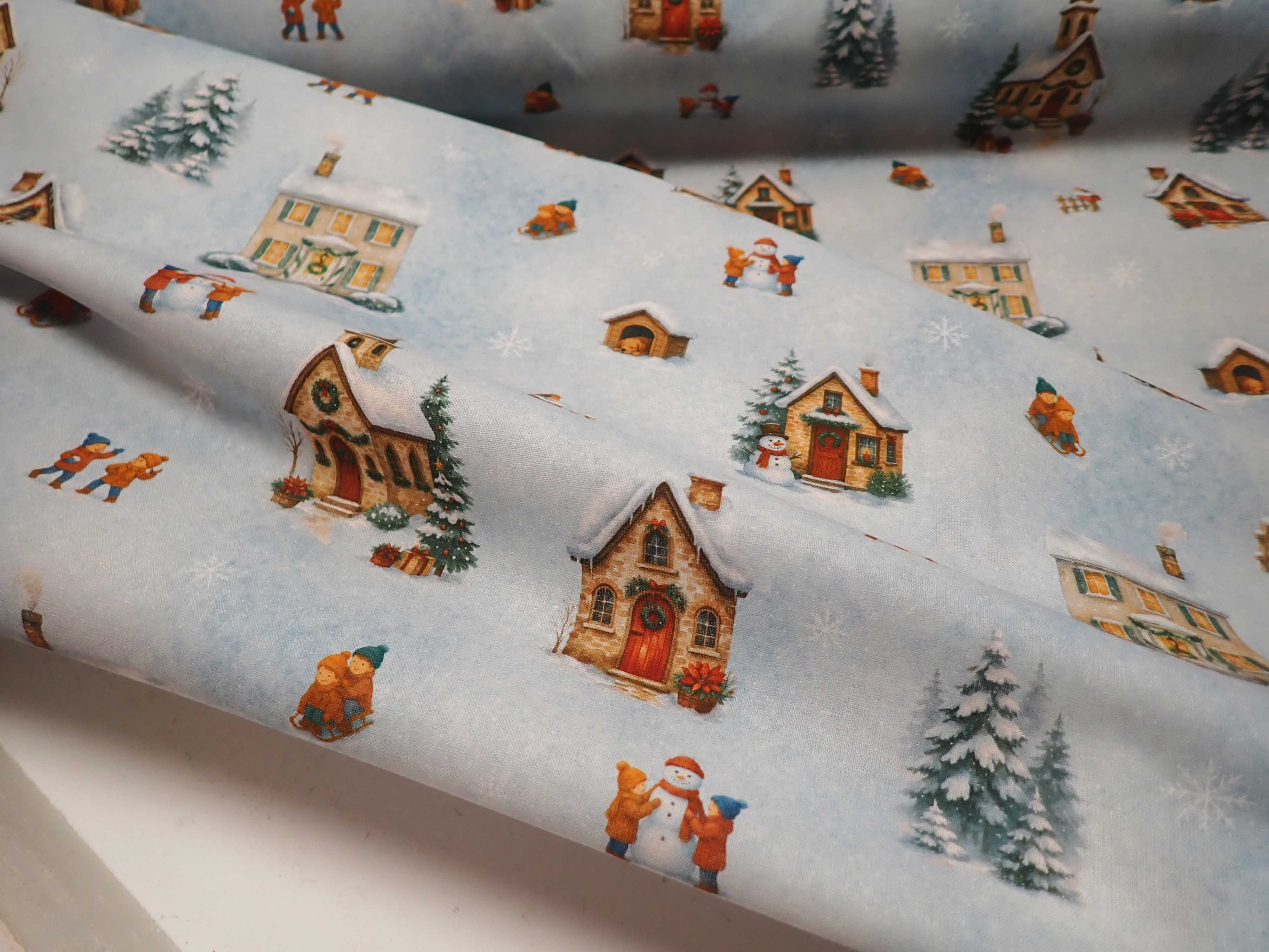 LÁTKA - VÁNOČNÍ - FOTOTISK - DOMEČKY + VLOČKY + DĚTI 