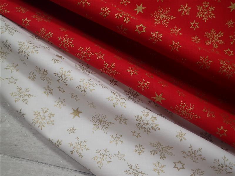 LÁTKA - VÁNOČNÍ - ČERVENÁ + ZLATÉ VLOČKY + HVĚZDIČKY