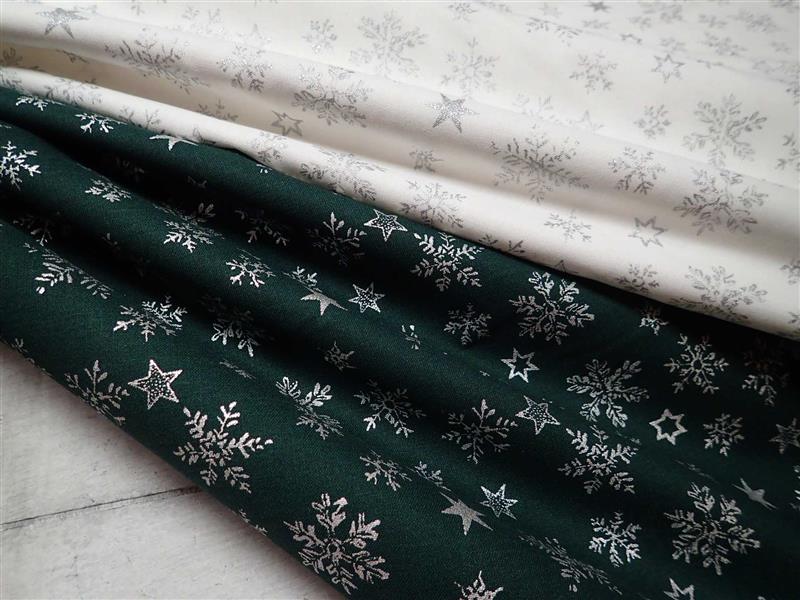 LÁTKA - VÁNOČNÍ - TMAVĚ ZELENÁ + STŘÍBRNÉ VLOČKY